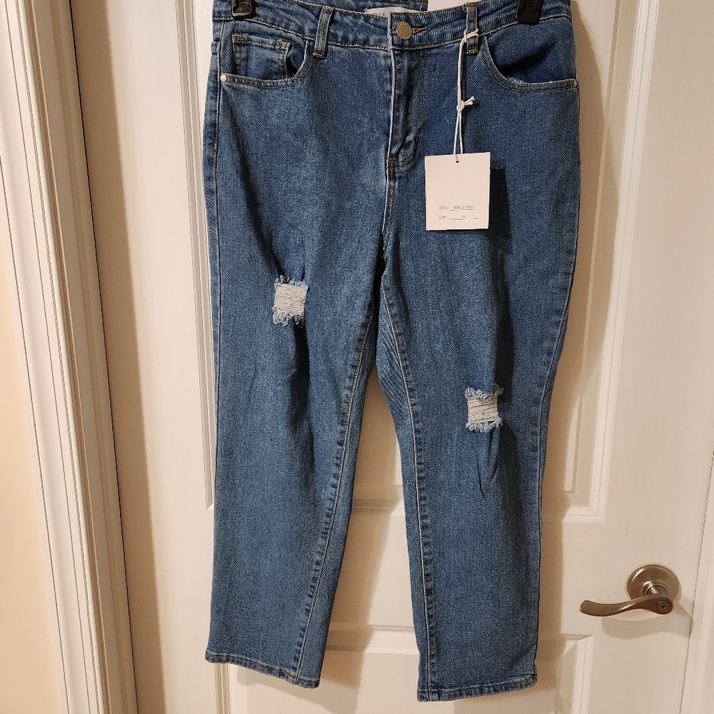 Oak & Poppy new mom jeans high rose size 10 with distress